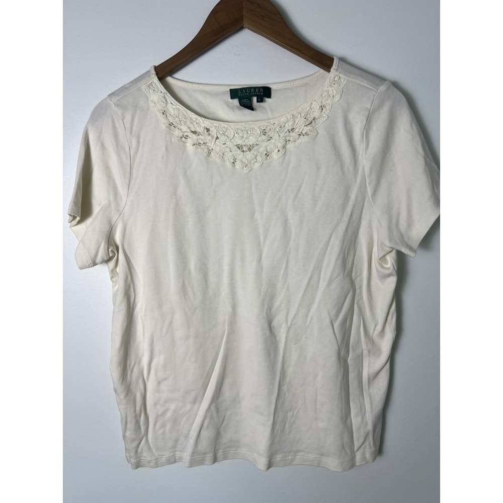 Ralph Lauren Cream Cotton Lace Neck Short Sleeve Top‎ XL Off White